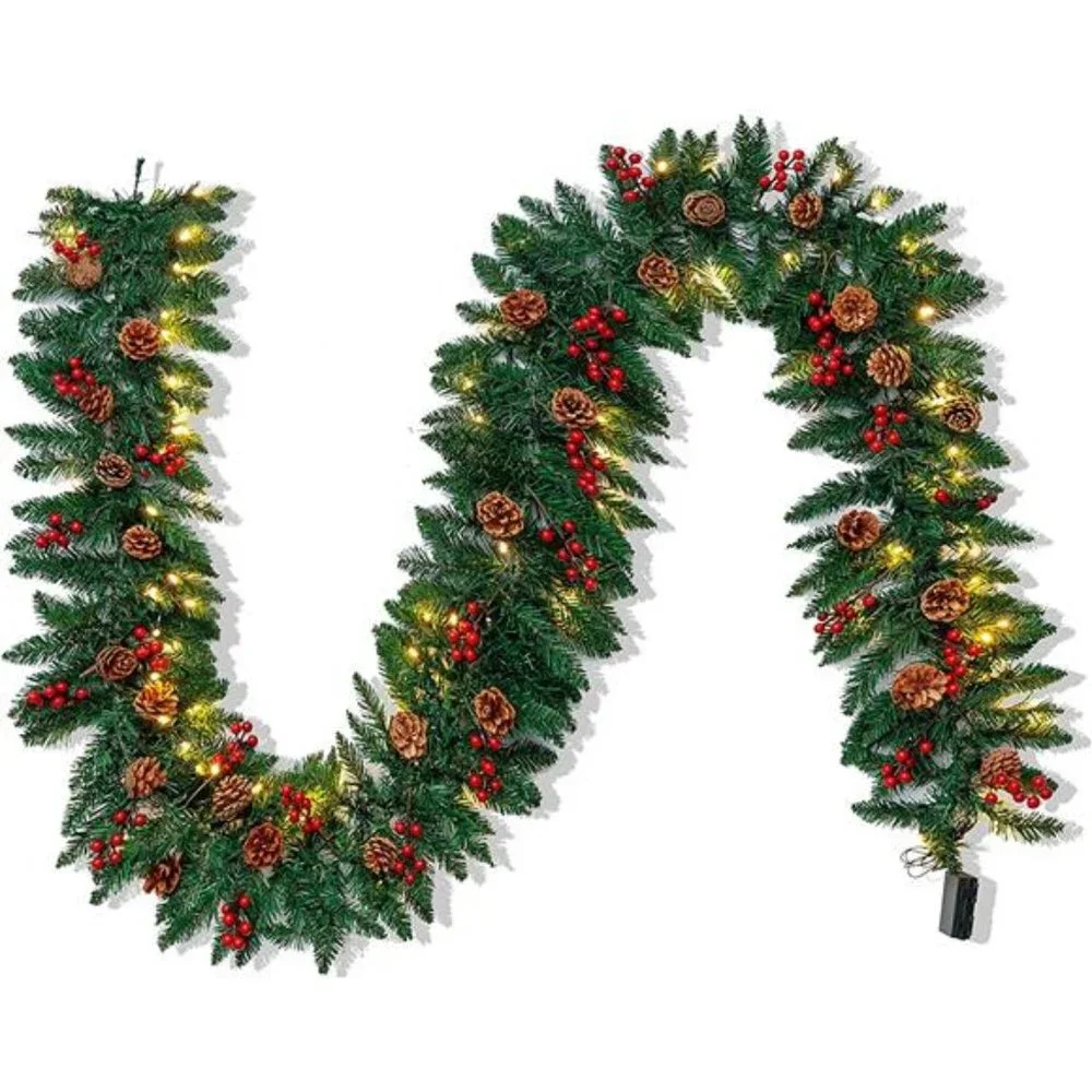 9Ft Christmas Garland Prelit with 100 LED Lights, 27 Pine Cones, 27 Red Berries